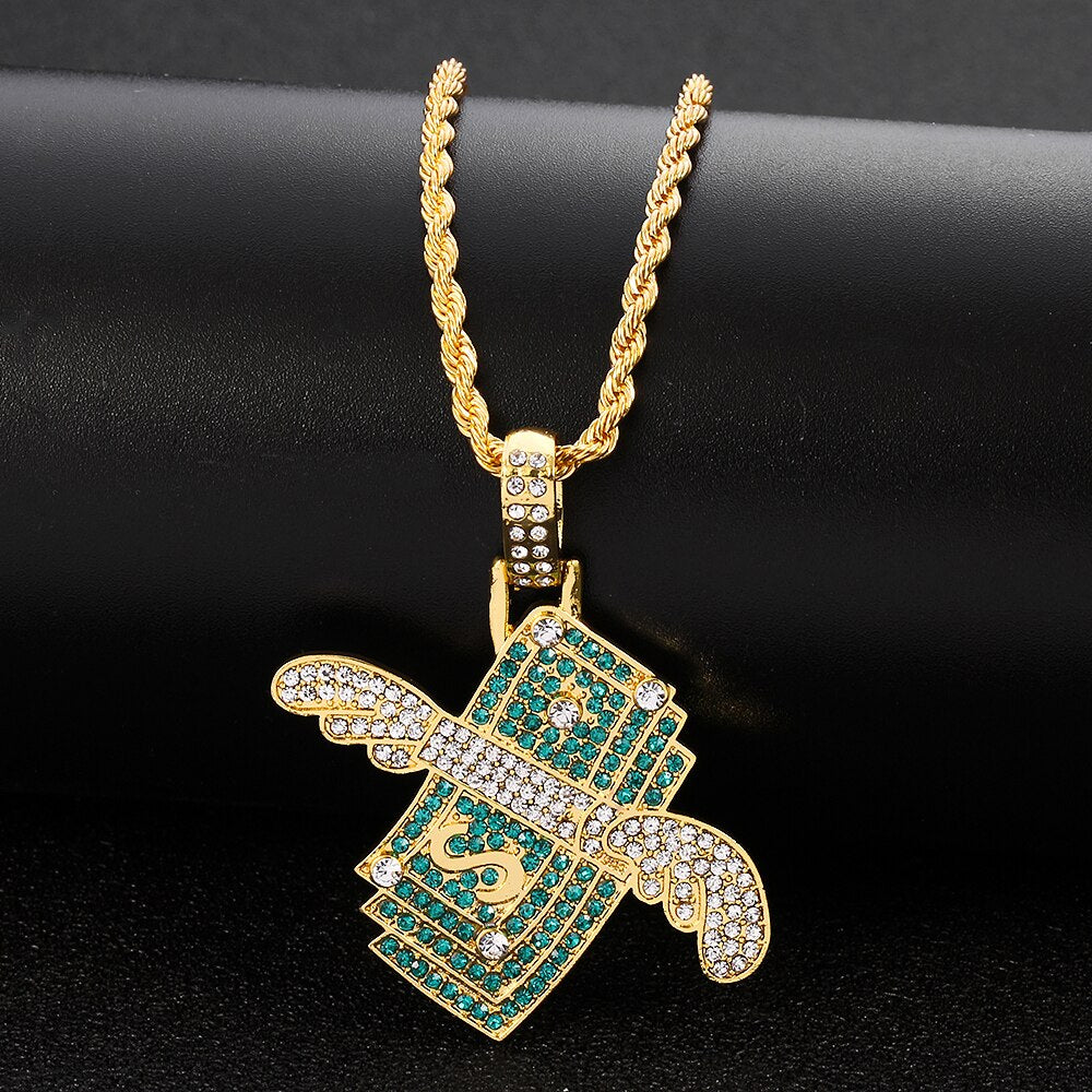 Iced Out Flying Cash Money Solid Pendant Necklace Women Men Hip Hop Gold Color Charm Chains Necklaces Jewelry Gifts