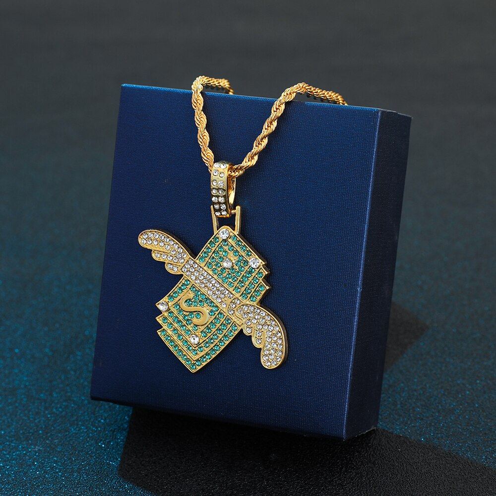 Iced Out Flying Cash Money Solid Pendant Necklace Women Men Hip Hop Gold Color Charm Chains Necklaces Jewelry Gifts