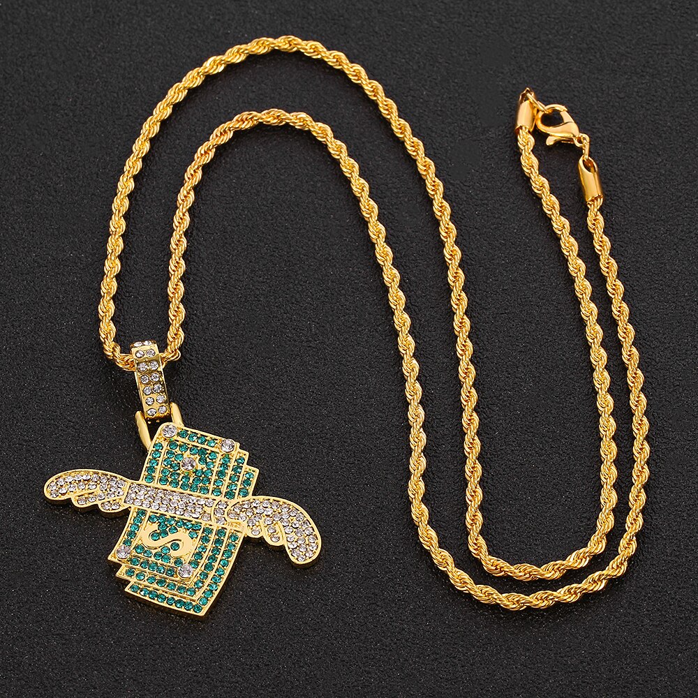 Iced Out Flying Cash Money Solid Pendant Necklace Women Men Hip Hop Gold Color Charm Chains Necklaces Jewelry Gifts