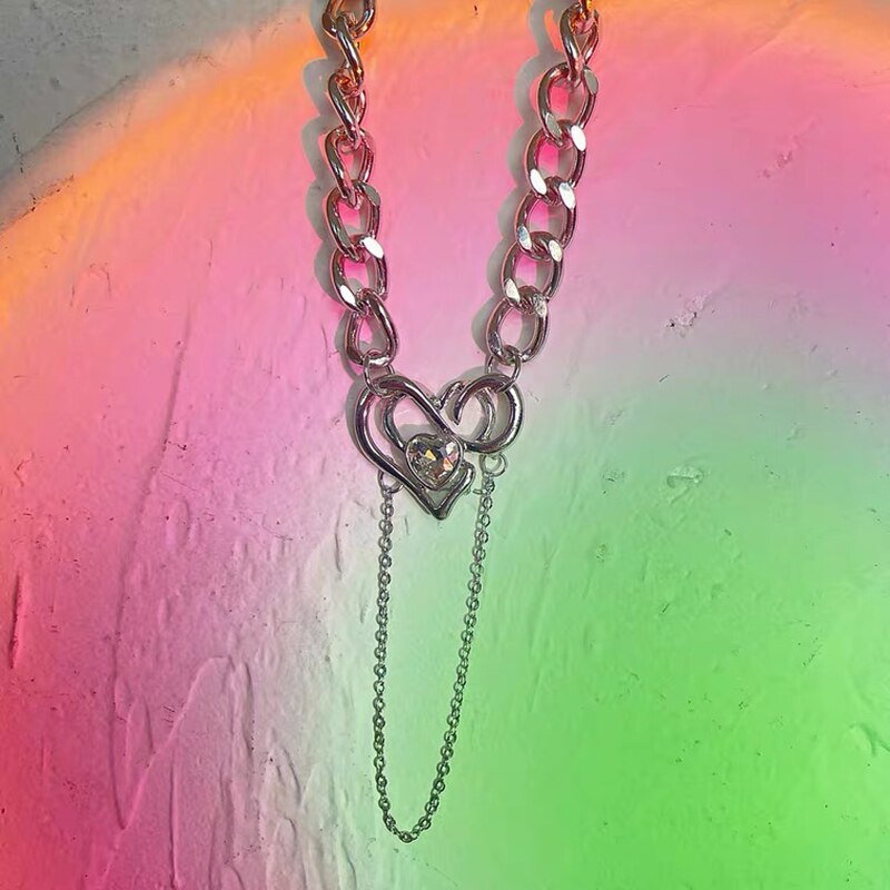 Ins Gothic Love Heart Rhinestone Tassel Necklace Stainless Steel Vintage Love Pendant Necklaces For Women Jewelry