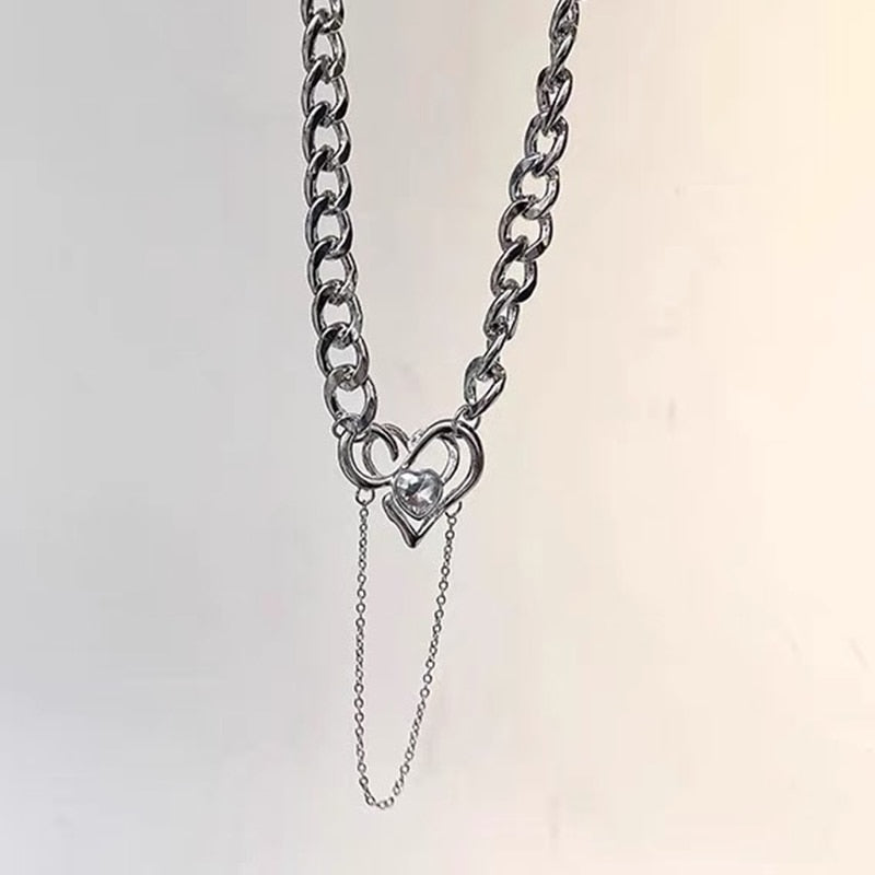 Ins Gothic Love Heart Rhinestone Tassel Necklace Stainless Steel Vintage Love Pendant Necklaces For Women Jewelry