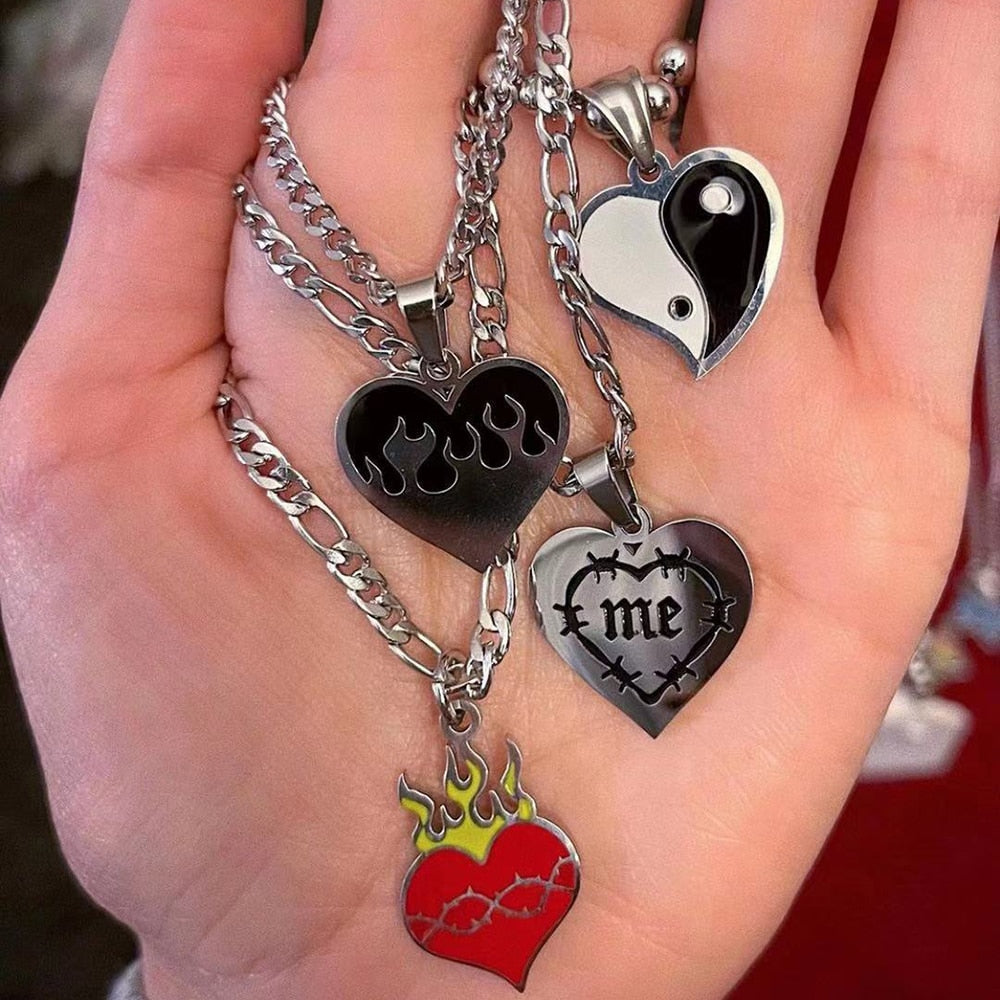 Ins Hip-hop Geometric Love Heart Necklace Vintage Gothic Pendant Gossip Flame Necklaces For Women Men Jewelry Gift