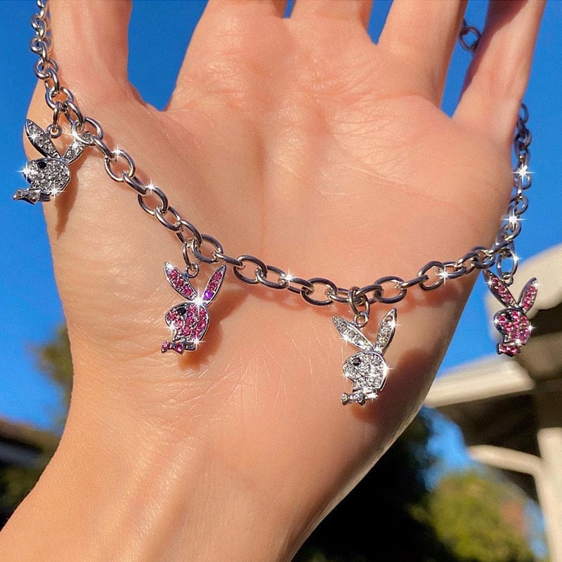 Ins Stainless Steel Hip Pop Playboy Rabbit Necklaces for Women  Bunny Pendant Party Jewelry Collier Clavicle Chain