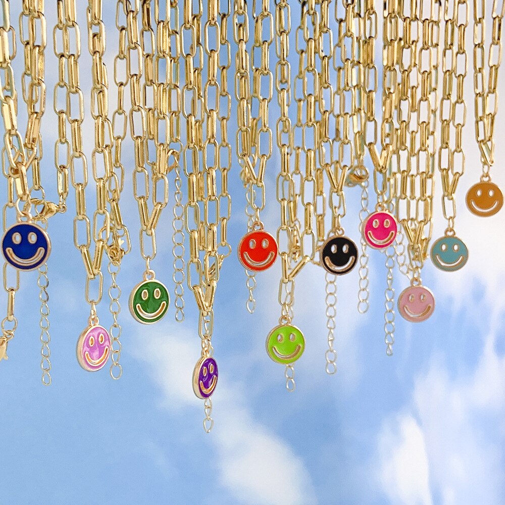 Ins Trendy Dripping Oil Smiley Face Necklace Personality Alloy Hollow Dripping Oil Double-sided Women Necklace