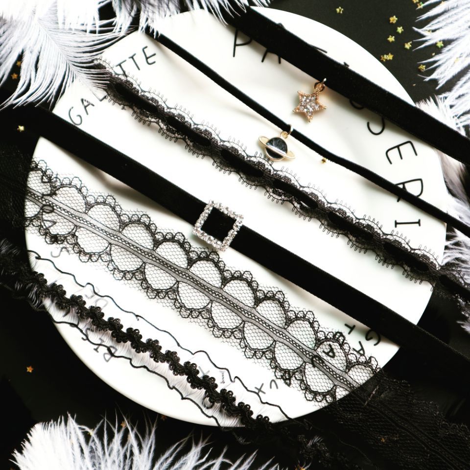 Japanese Variety Of Black Lace Stars Pendant Short Clavicle Chain For Woman Halloween Gothic Jewelry