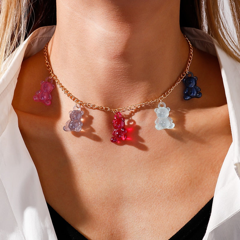 Jelly Colors Bears Necklaces for Women Bears Tassel Cold Silver Color Chain Choker Necklace Jewelry Gifts
