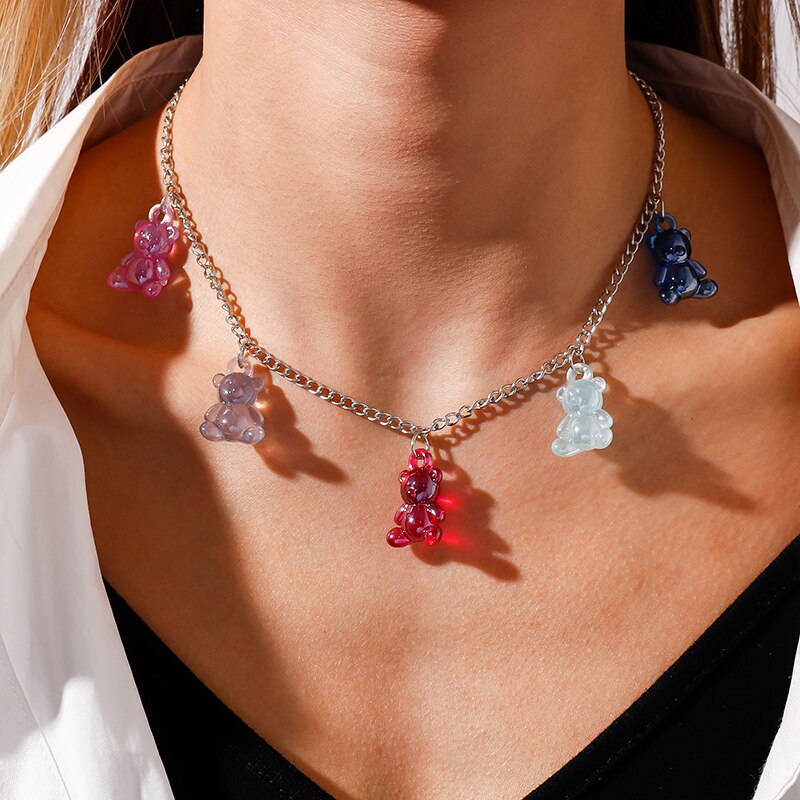 Jelly Colors Bears Necklaces for Women Bears Tassel Cold Silver Color Chain Choker Necklace Jewelry Gifts