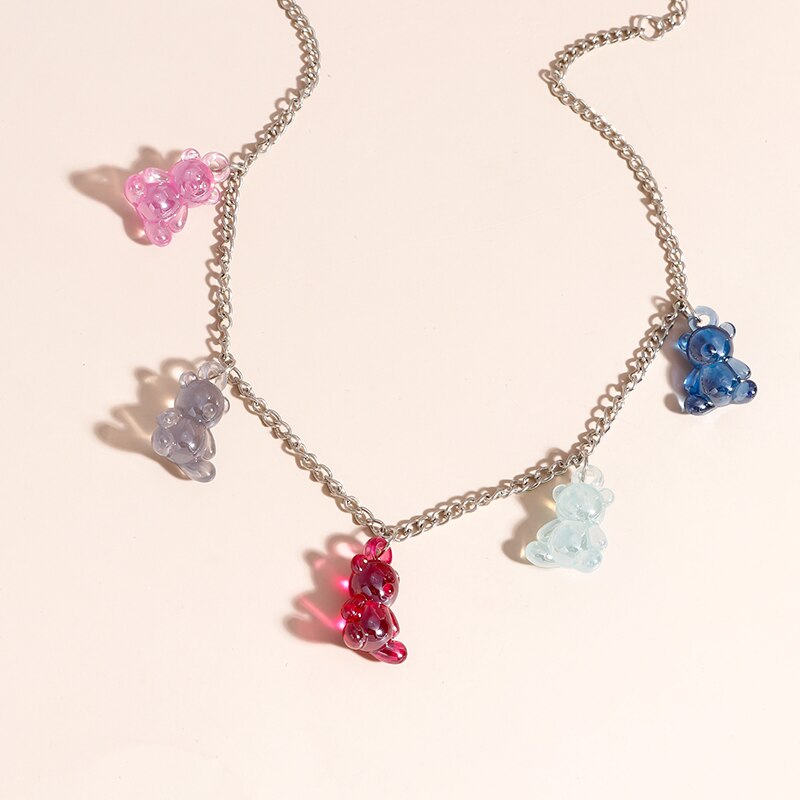 Jelly Colors Bears Necklaces for Women Bears Tassel Cold Silver Color Chain Choker Necklace Jewelry Gifts