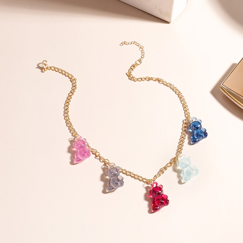Jelly Colors Bears Necklaces for Women Bears Tassel Cold Silver Color Chain Choker Necklace Jewelry Gifts