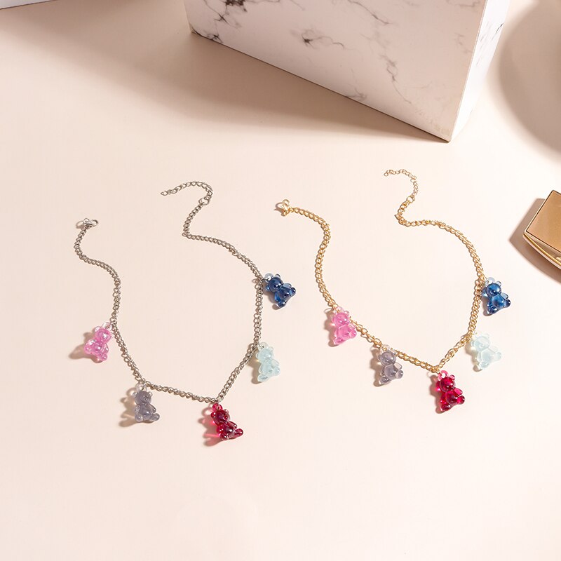 Jelly Colors Bears Necklaces for Women Bears Tassel Cold Silver Color Chain Choker Necklace Jewelry Gifts