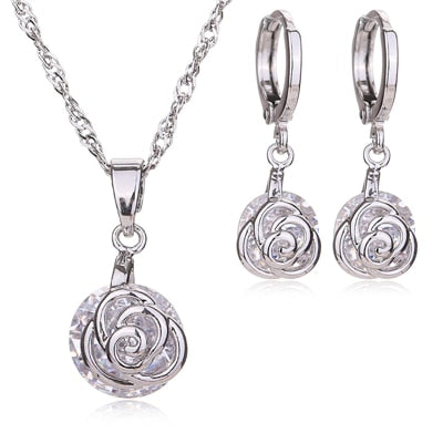 New Jewelry Sets Imitated CZ&Crystal Engagement Necklace Flower Pendant Earrings For Women Wedding Accessories Gold Color