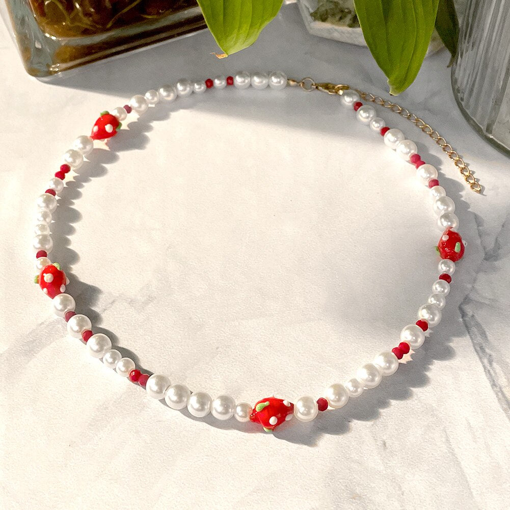 Korea Candy Color Cute Mushroom Pearl Beaded Necklace For Women Resin Bear Heart Strawberry Bead Choker Harajuku Y2K Jewelry