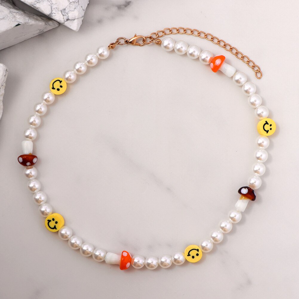 Korea Candy Color Cute Mushroom Pearl Beaded Necklace For Women Resin Bear Heart Strawberry Bead Choker Harajuku Y2K Jewelry