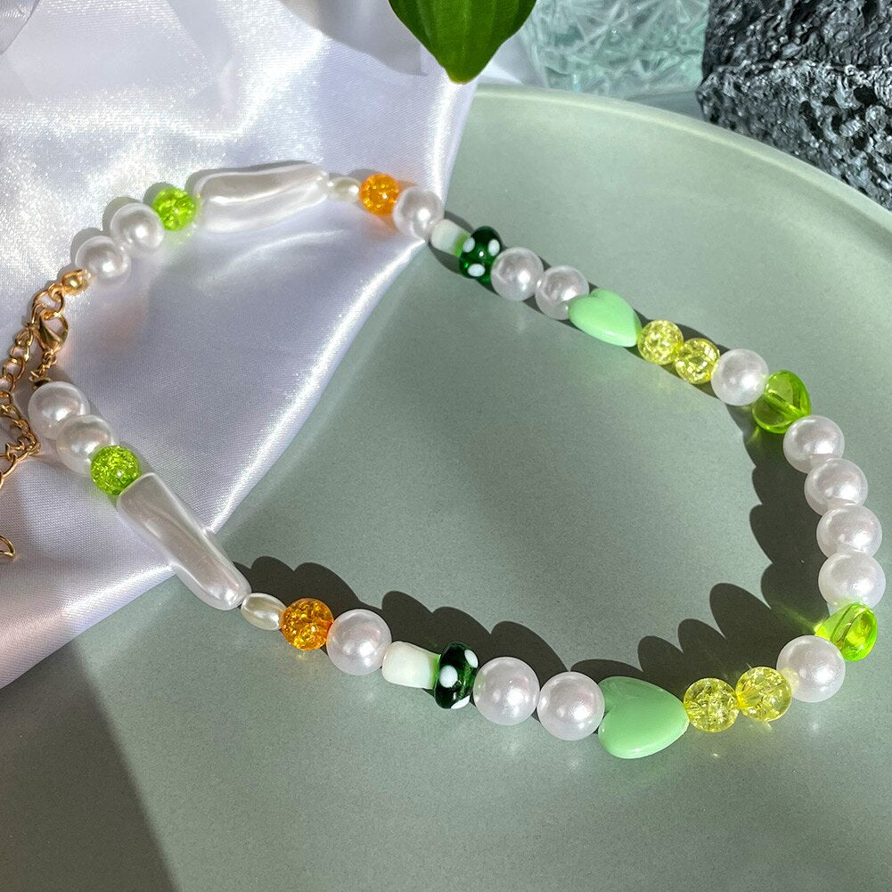 Korea Candy Color Cute Mushroom Pearl Beaded Necklace For Women Resin Bear Heart Strawberry Bead Choker Harajuku Y2K Jewelry