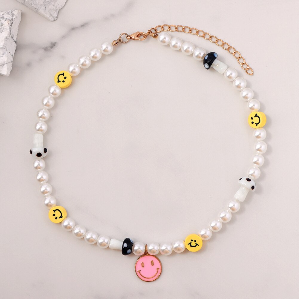 Korea Candy Color Cute Mushroom Pearl Beaded Necklace For Women Resin Bear Heart Strawberry Bead Choker Harajuku Y2K Jewelry