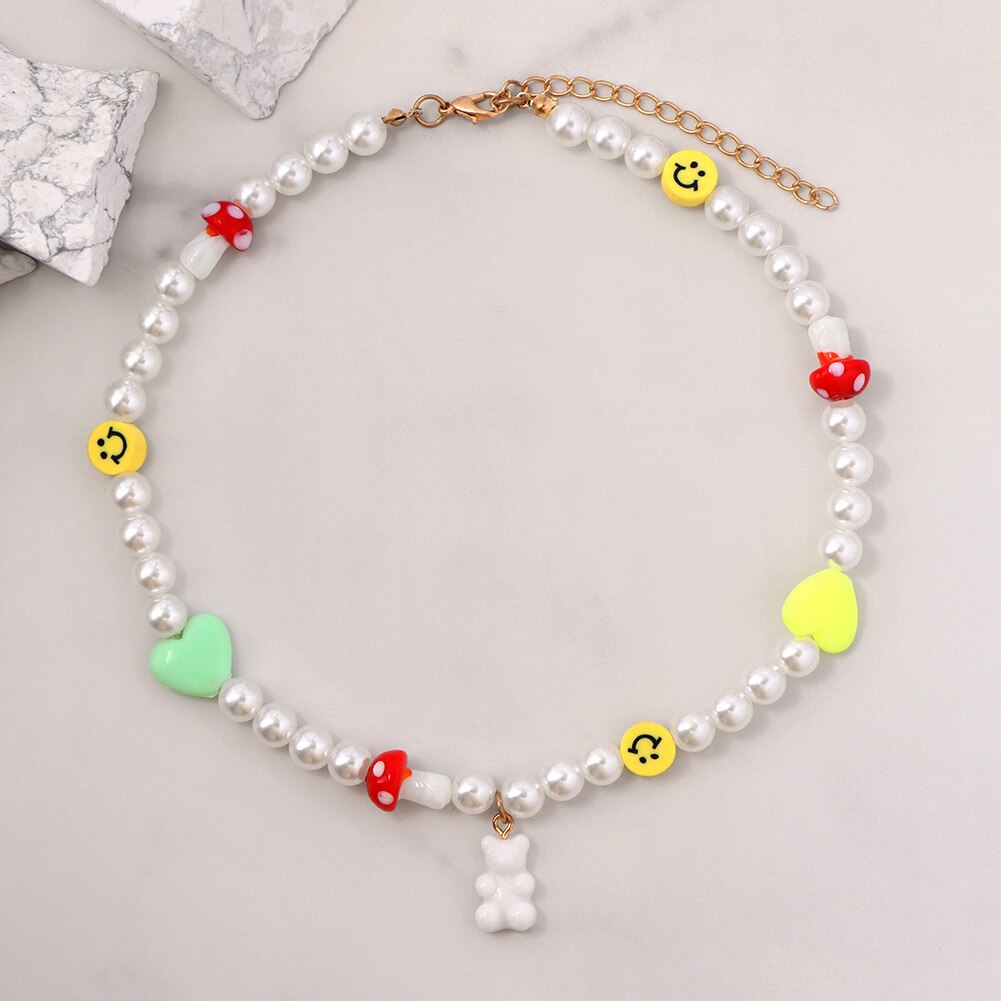 Korea Candy Color Cute Mushroom Pearl Beaded Necklace For Women Resin Bear Heart Strawberry Bead Choker Harajuku Y2K Jewelry