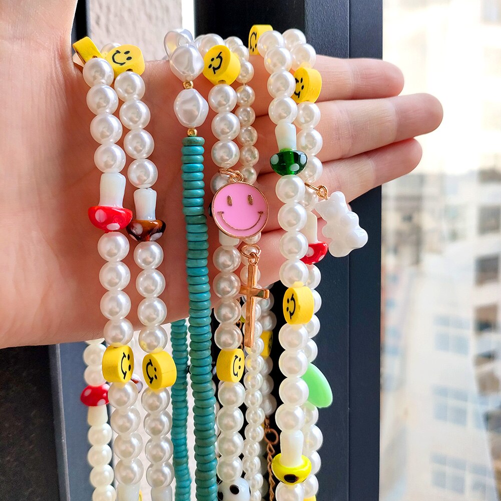Korea Candy Color Cute Mushroom Pearl Beaded Necklace For Women Resin Bear Heart Strawberry Bead Choker Harajuku Y2K Jewelry