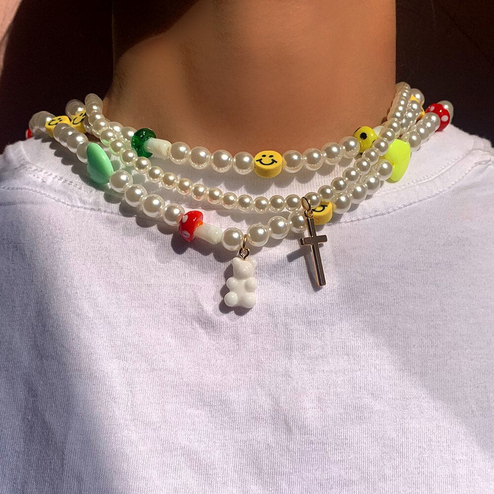 Korea Candy Color Cute Mushroom Pearl Beaded Necklace For Women Resin Bear Heart Strawberry Bead Choker Harajuku Y2K Jewelry
