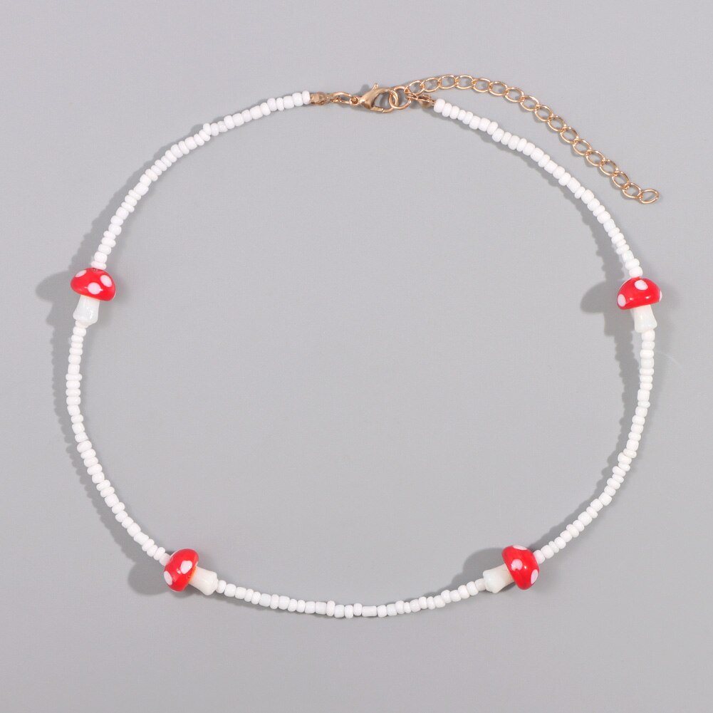 Korea Candy Color Cute Mushroom Pearl Beaded Necklace For Women Resin Bear Heart Strawberry Bead Choker Harajuku Y2K Jewelry