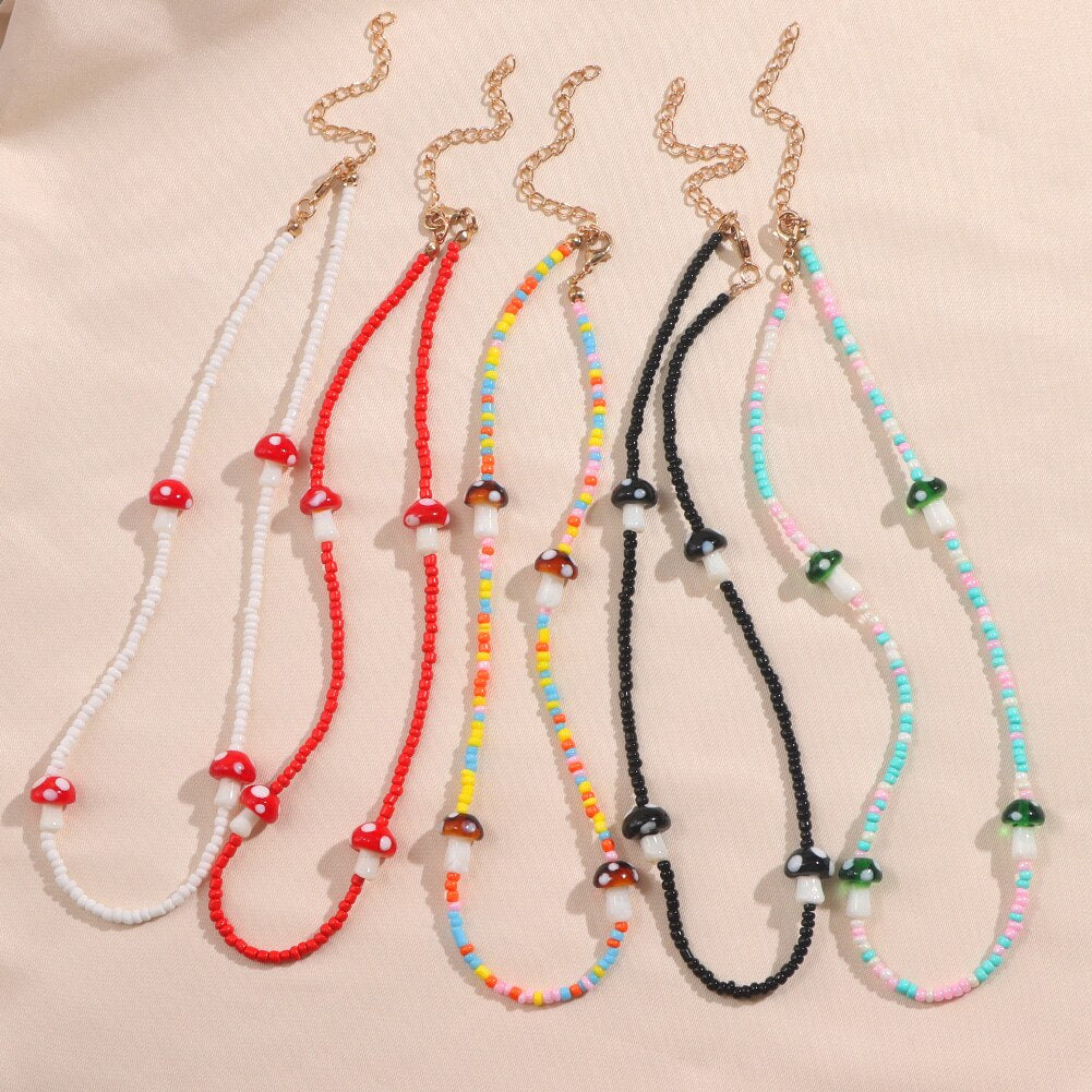 Korea Candy Color Cute Mushroom Pearl Beaded Necklace For Women Resin Bear Heart Strawberry Bead Choker Harajuku Y2K Jewelry