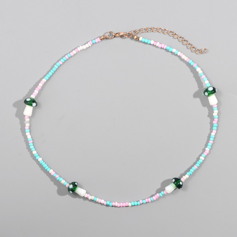 Korea Candy Color Cute Mushroom Pearl Beaded Necklace For Women Resin Bear Heart Strawberry Bead Choker Harajuku Y2K Jewelry