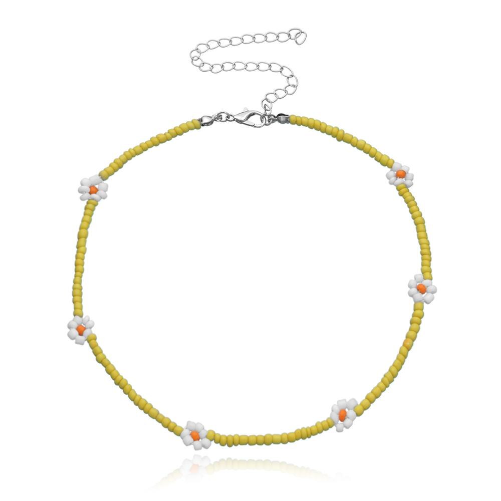 Korea Lovely Daisy Flowers Colorful Beaded Charm Statement Short Choker Necklace for Women Vacation Jewelry