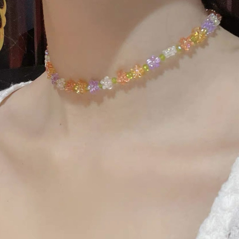 Korea Summer Lovely Colorful Flowers Daisy Transparent Crystal Beading Strand Short Choker Necklace for Women