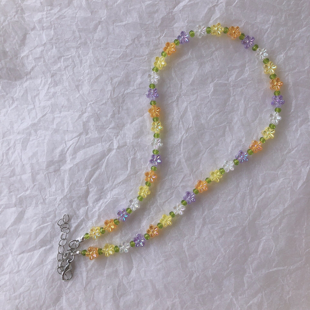 Korea Summer Lovely Colorful Flowers Daisy Transparent Crystal Beading Strand Short Choker Necklace for Women