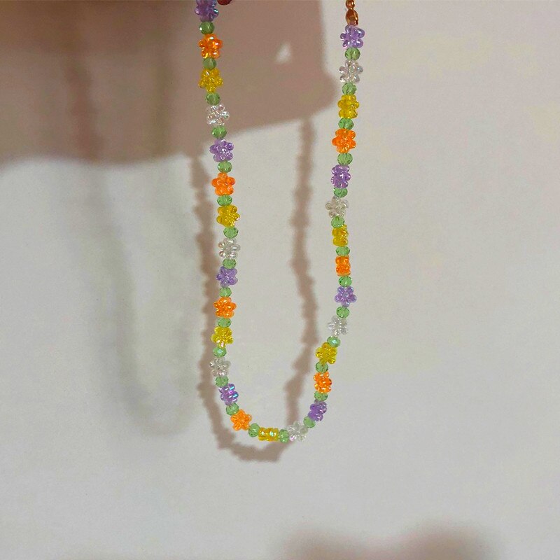 Korea Summer Lovely Colorful Flowers Daisy Transparent Crystal Beading Strand Short Choker Necklace for Women