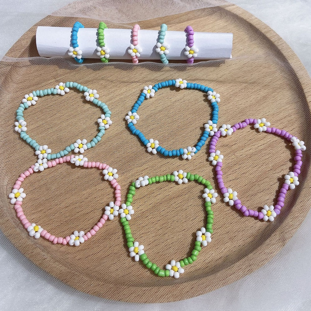 Korean Bead Daisy Flower Bracelet For Women  Bohemian Summer Colorful Lovely Charm Stretch Bangle Party Gift