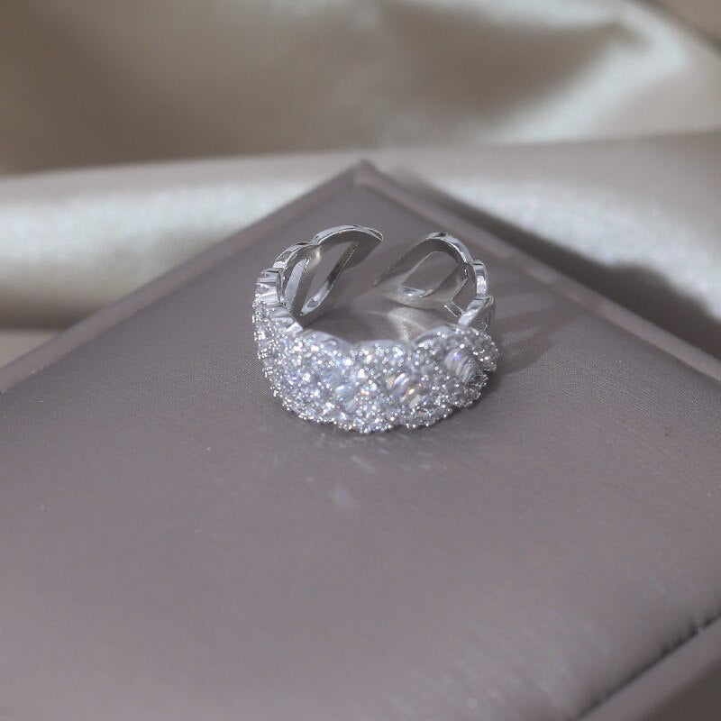 Korean Design Jewelry  Full Zircon Leaf Ring Elegant Women's Daily Work Opening Adjustable Accessories