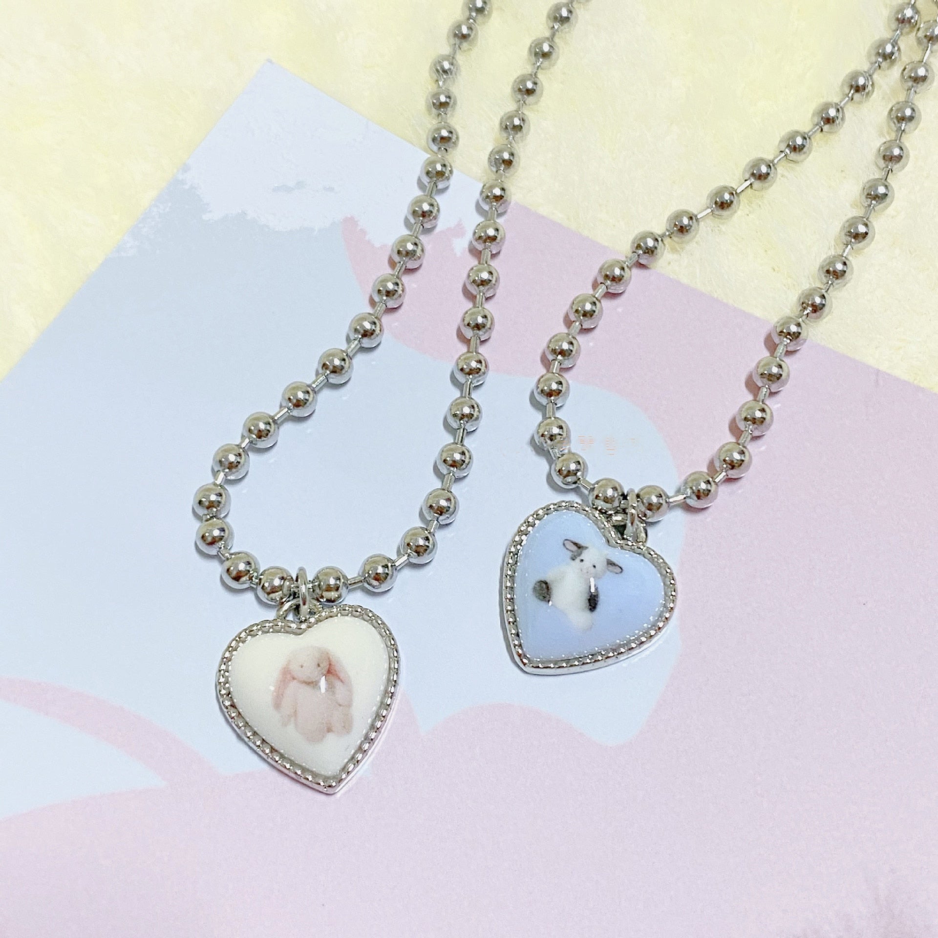 Korean Cute Peach Heart Shape Cow Rabbit Pendant Necklaces for Women Girlfriend Gift Jewelry Lovely Beads Chains Y2K