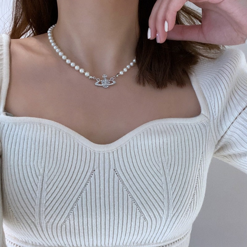 Korean Imitation Pearl Choker Necklace for Women Beaded Statement Necklace Temperament Planet Pendant Female Collier
