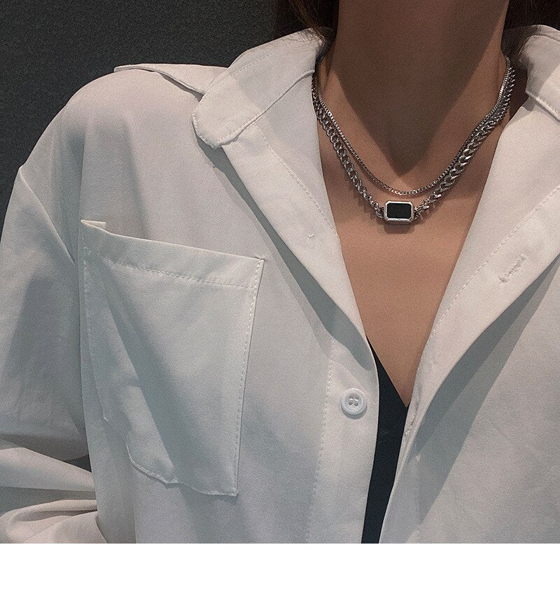 Korean Metal Geometry Square Black Epoxy Choker Pendant Necklace for Women Joker Clavicle Short Necklaces Jewelry