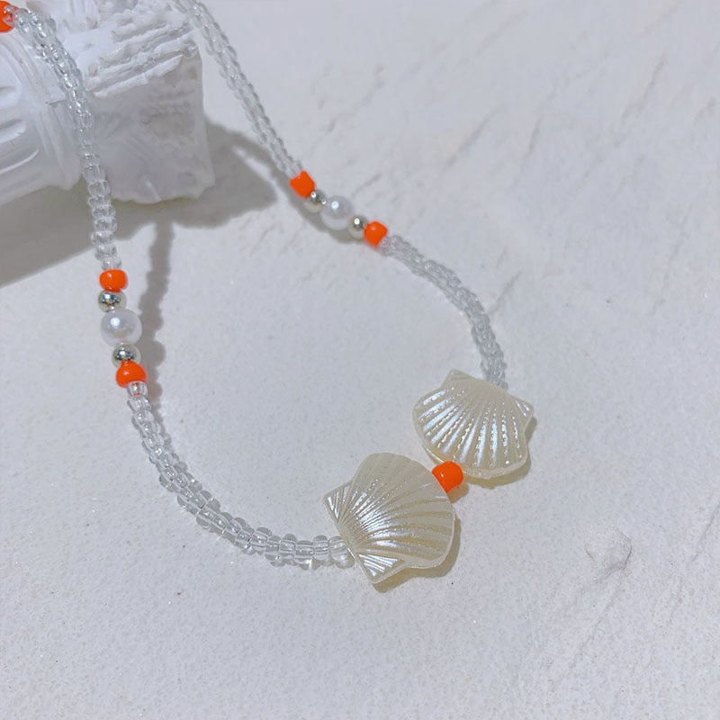 Korean Orange Transparent Resin Acrylic Shell Pearl Handmade Beaded Clavicle Necklace For Women  Beach Party Gifts