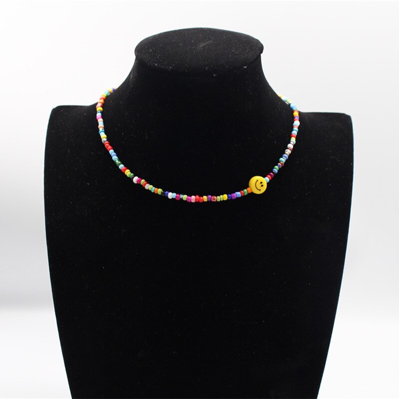 Korean Sweet Girls Choker Necklace For Women Smile Face Bohemia Handmade Rainbow Beads Collar Jewelry