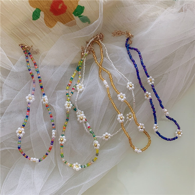 Korean Sweet Resin Acrylic Colorful Flowers Transparent Beaded Necklace for Women Summer Vacation Jewelry Gift