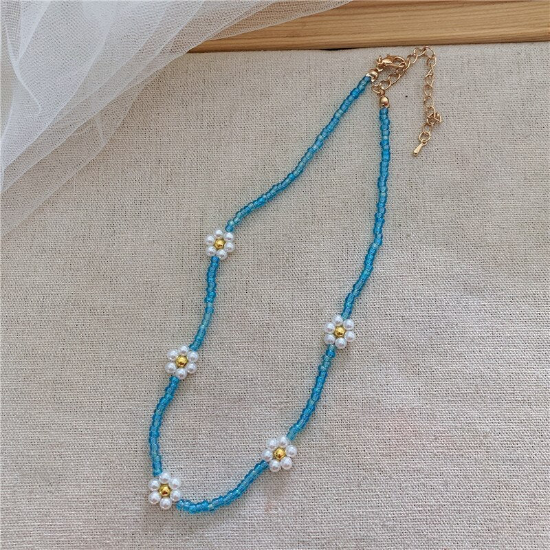 Korean Sweet Resin Acrylic Colorful Flowers Transparent Beaded Necklace for Women Summer Vacation Jewelry Gift