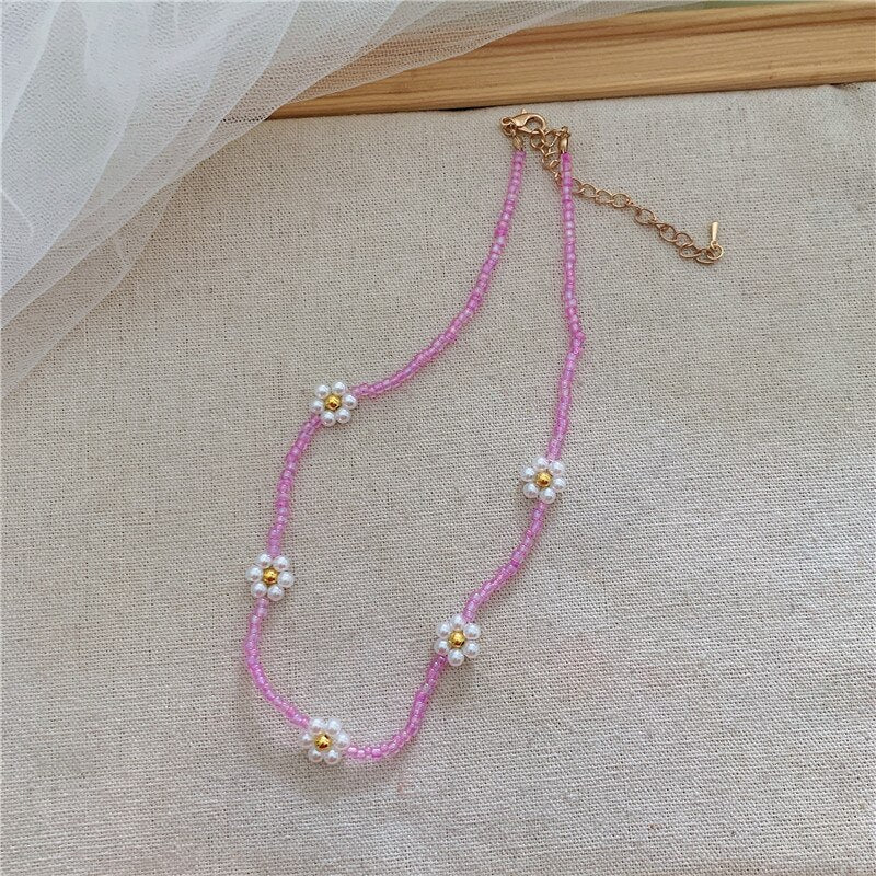 Korean Sweet Resin Acrylic Colorful Flowers Transparent Beaded Necklace for Women Summer Vacation Jewelry Gift