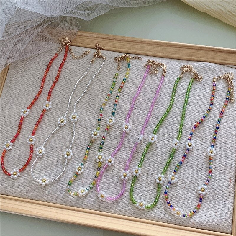 Korean Sweet Resin Acrylic Colorful Flowers Transparent Beaded Necklace for Women Summer Vacation Jewelry Gift