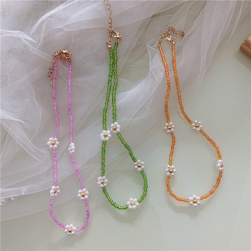 Korean Sweet Resin Acrylic Colorful Flowers Transparent Beaded Necklace for Women Summer Vacation Jewelry Gift