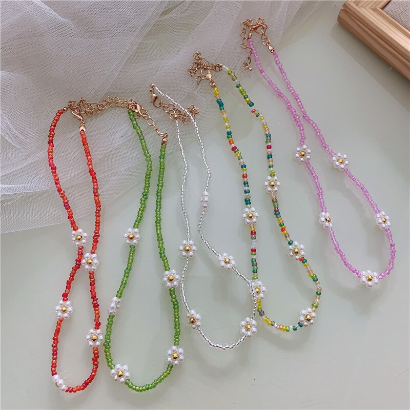 Korean Sweet Resin Acrylic Colorful Flowers Transparent Beaded Necklace for Women Summer Vacation Jewelry Gift