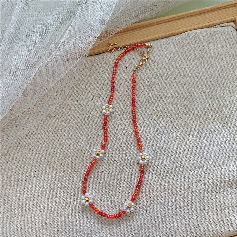 Korean Sweet Resin Acrylic Colorful Flowers Transparent Beaded Necklace for Women Summer Vacation Jewelry Gift