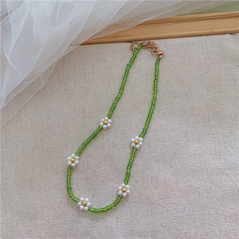 Korean Sweet Resin Acrylic Colorful Flowers Transparent Beaded Necklace for Women Summer Vacation Jewelry Gift