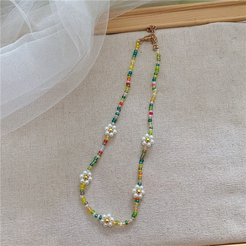 Korean Sweet Resin Acrylic Colorful Flowers Transparent Beaded Necklace for Women Summer Vacation Jewelry Gift