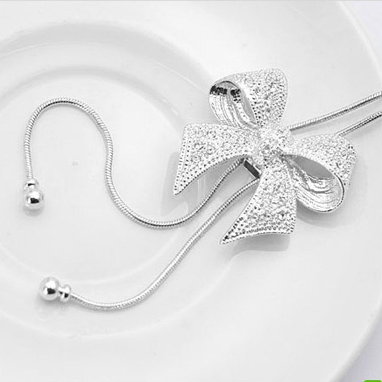 New Lady Chic Long Rhinestone Statement Shiny Bow Pendant Silver Plated Butterfly Chain Necklace Jewelry