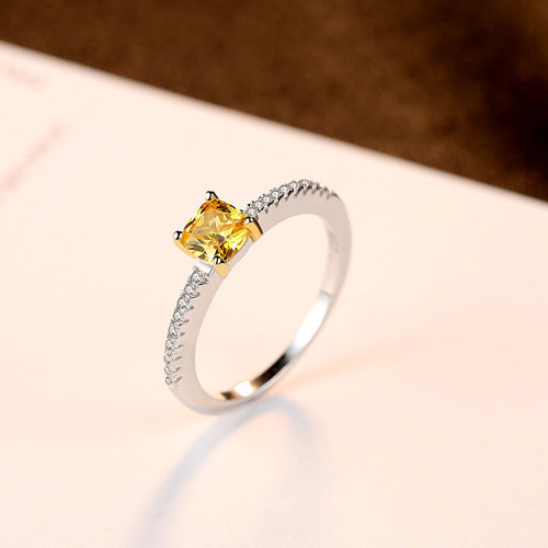 New Lady Luxury Square Natural Citrine Ring Birthstone Solitaire Ring Genuine 925 Sterling Silver Fine Jewelry For Women