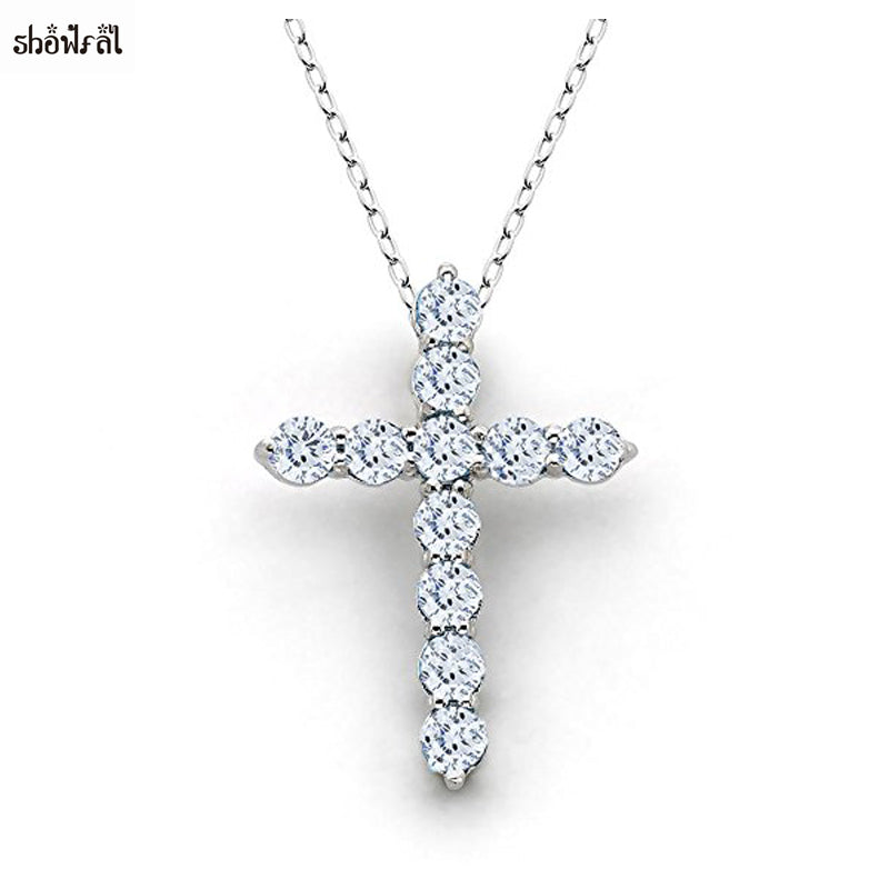 New Latin Cross Charm Necklace with Clear Zircon Elements Crystals Pendant Women's Round Sterling Silver Genuine Cross Necklace