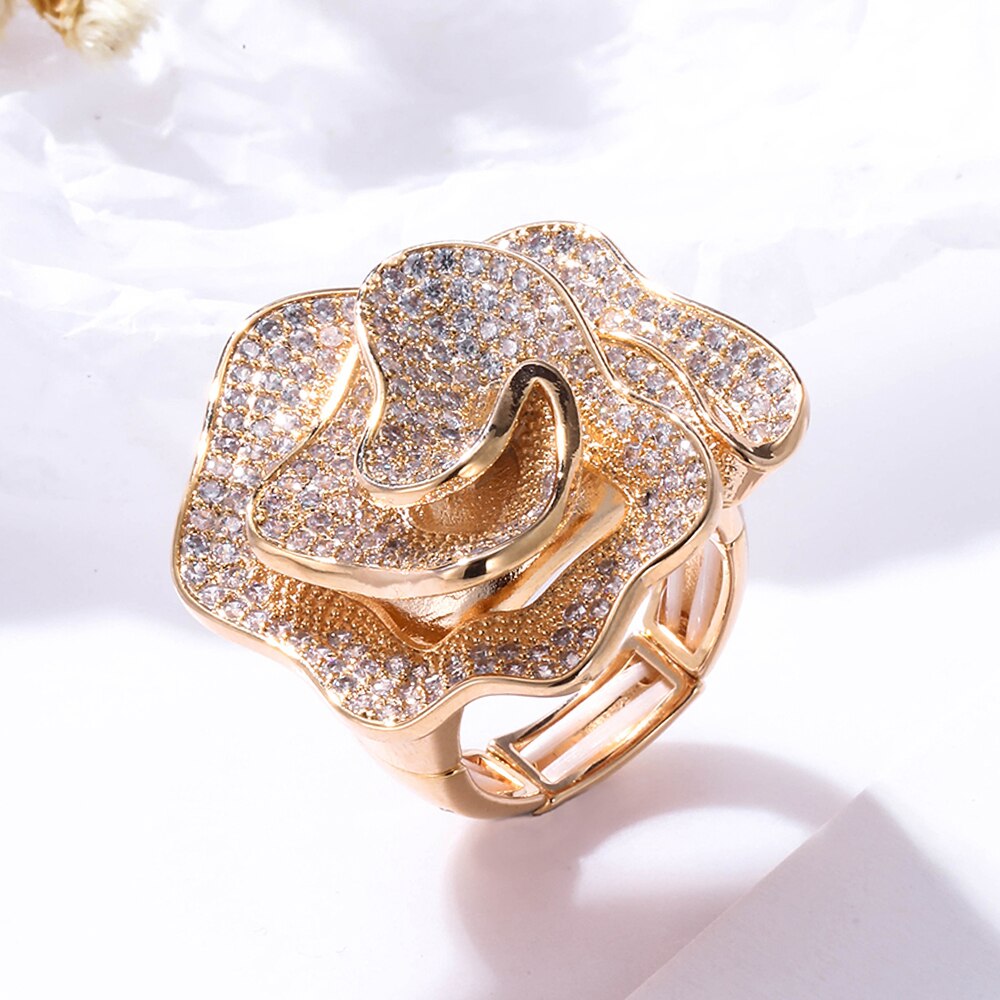 Light  Rose Flower Sharp Big Zircon Stone Finger Rings for Women Gold Color Adjustable Wedding Ring Engagement Jewelry
