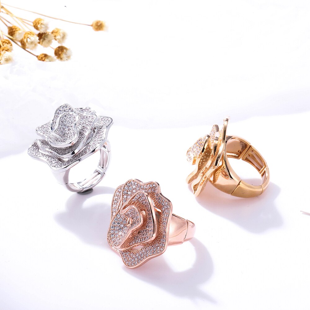 Light  Rose Flower Sharp Big Zircon Stone Finger Rings for Women Gold Color Adjustable Wedding Ring Engagement Jewelry